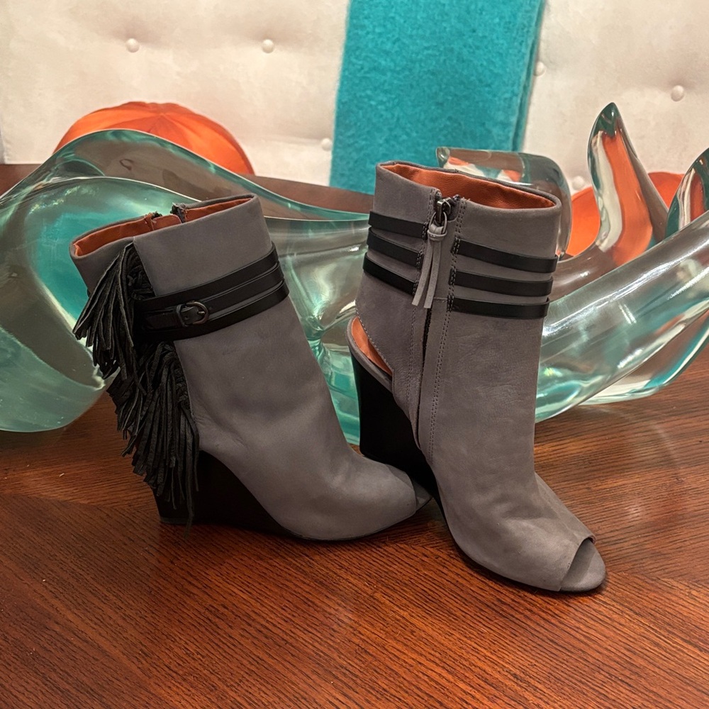 Rebecca Minkoff Gray Fringe Peep-Toe Ankle Boots